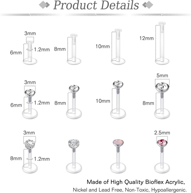 JFORYOU 16G 24Pcs Clear Lip Labret Medusa Piercing Studs Jewelry Flat Plastic Back Lip Rings Retainer Push Fit Bioflex Piercing for Monroe Ashelry Tragus Helix 6mm 8mm 10mm 12mm for Work - Image 2